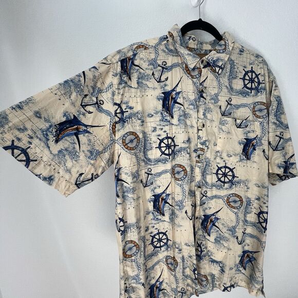 Clearwater Outfitters Mens Xl Beige/Blue nautical Button Down Short Sleeve Shirt - Picture 2 of 7